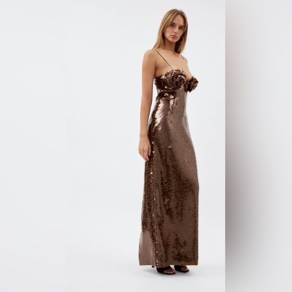 Roses Sequined Bustier Evening Gown In Mocha Shine, High-end Sequin Maxi - Picture 3 of 12